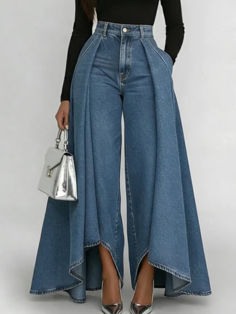 2026 New Large Long Swing Solid Color Casual Imitation Denim Printed Stra